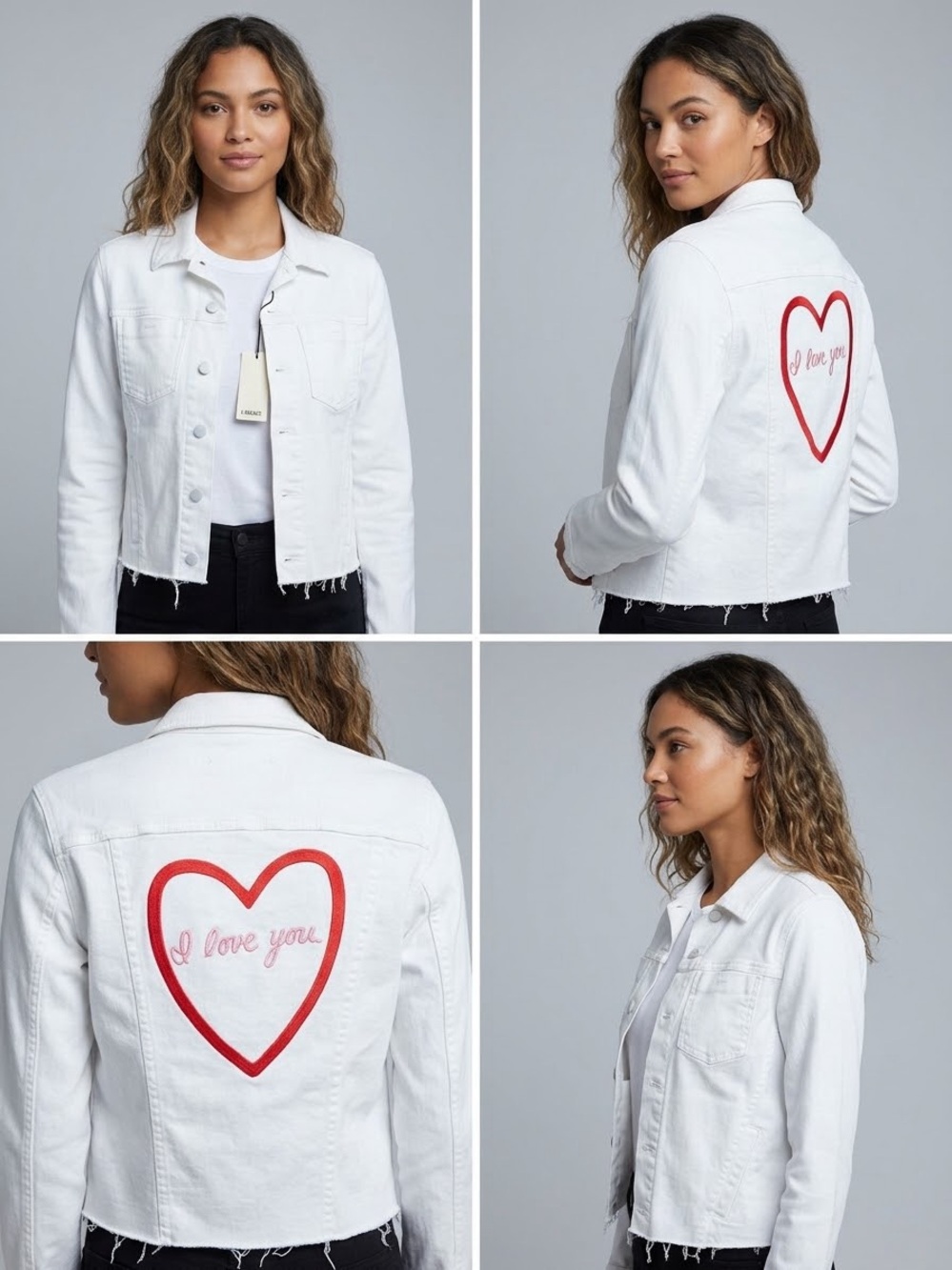 L'AGENCE White Denim Jacket with Red Heart Back Embroidery